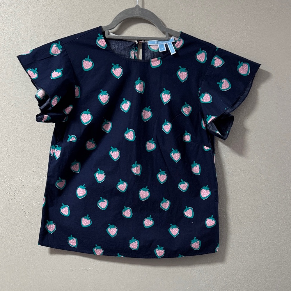 Draper James navy Blue shirt sleeve top Strawberry Design pink teal size 2 6097